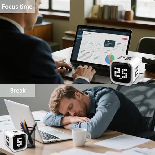 Rotating Focus Timer, 5/25/10/60-Minute Pomodoro Timer, Desk Flip Countdown with Vibration & Volume Control, ADHD-Friendly Tool for Office, Study, and Kitchen (White)