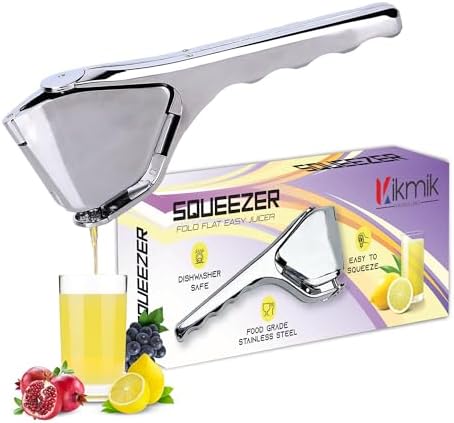 Stainless Steel Lemon Squeezer - Foldable Handheld Citrus Press & Manual Juicer with Sideways Pivot, Ergonomic Space Saving Design (Silver).