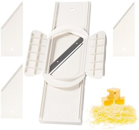 Cheese Grater with Safety Guard, Cheese Shredder for Kitchen, Cheese Slicer with 4 Stainless Steel Blade(Fine, Medium, Coarse Grate and Slicing) for Vegetable, Ginger Garlic, Lemon, Beige