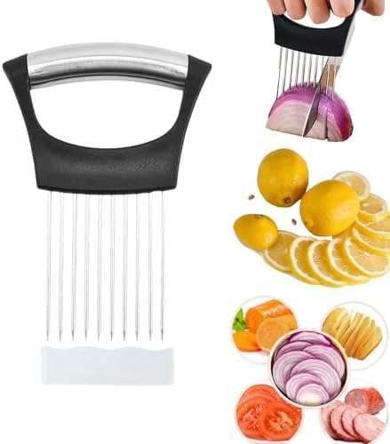 Upgraded Stainless Steel Lemon Slicer Onion Cutter, Onion Holder for Slicing, Vegetable Cutter Kitchen Chopper Slicing Assistant Tool for Potato and Tomato Avocados Eggs Meat (1, Black)