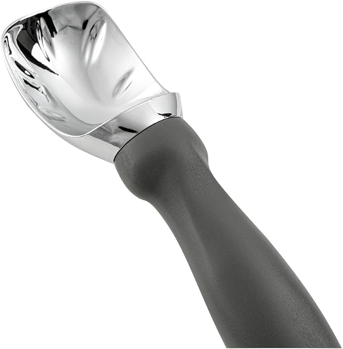 Restaurantware Comfy Grip 7.9 x 2 Inch Kitchen Ice Cream Scoop 1 Heavy-Duty Ice Cream Disher - Ergonomic PP Handle Dishwashable Gray Metal Ice Cream Spade With Lid Opener Notch Multi-Use