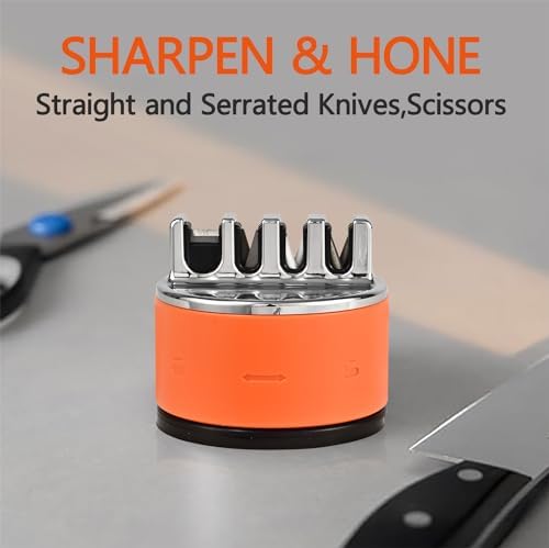 VIRO Compact Suction Kitchen Chef Knife Scissors Sharpener for Straight & Serrated Knives, 4-Stage Knife Sharpening Tool Helps Repair and Restore Blades (Orange)