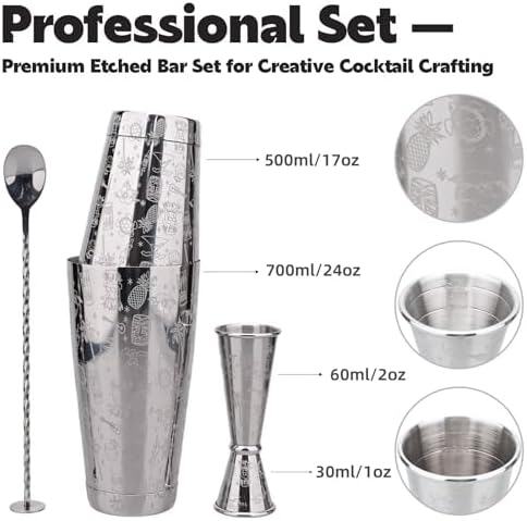 Boston Cocktail Shaker Etched Set, Jigger Spoon 17/24oz Sliver