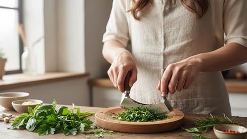 Salad Chopper With Round Wood Cutting Board - Mezzaluna Knife with Protective Cover and Anti-Slip Handle Stainless Steel Chopper Vegetable Cutter Onion Chopper Mincing Knife Pizza Cutter