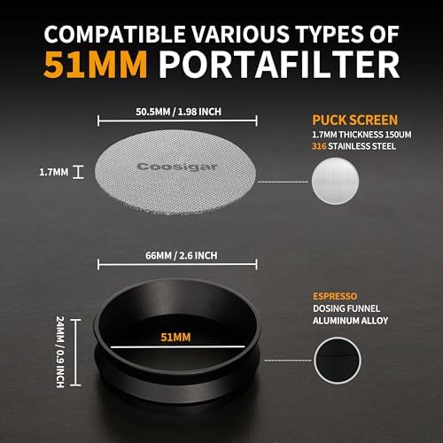 51mm Espresso Dosing Funnel and Puck Screen Set,Magnetic Dosing Funnel with 8 Magnets,Compatible with 51mm Delonghi Portafilter.Reusable 1.7mm 150μm Stainless Steel Puck Screen.(Black)