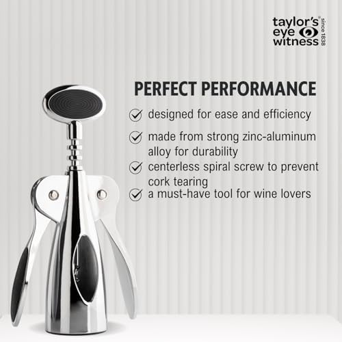 Spiral Corkscrew Wine Bottle Opener- by Taylors Eye Witness, Easy to Use, Guaranteed to Cleanly Remove Cork Without Tearing, Dishwasher Safe, Essential Kitchen Gadget for Wine Lovers, Chrome