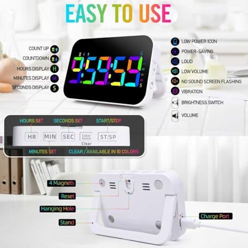Kitchen Timer for Cooking, Rechargeable Digital Magnetic Timer with Large LED Display, Loud Alarm, Sound Countdown, 4 Volume Levels and 3 Brightness for Classroom, Study (RGB)