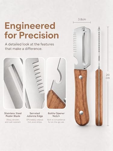 3-in-1 Multifunctional Vegetable Peeler, Curved Stainless Steel Blade Wooden Handle & Built-In Bottle Opener Kitchen Tool for Sugar Cane, Potato, Fruit, Pumpkin, Carrot Veggie Peeler (1PCS)