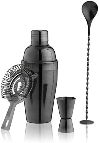 True 4-Piece Cocktail Shaker Set Includes Cobbler Shaker, Strainer, Jigger, Bar Spoon for Classic Cocktails, Mixed Drinks, Cold Brew, Home Bar Tools, Bartender Gifts, Bar Cart Accessories, Black