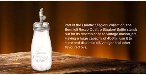 Bormioli Rocco Quattro Stagioni Oil Dispenser - 13.5 Oz. Glass Jar with Stainless Steel Pour Spout, Vintage Emboss for Oil, Vinegar & Flavored Oils - Microwave & Dishwasher Safe Kitchen Bottle