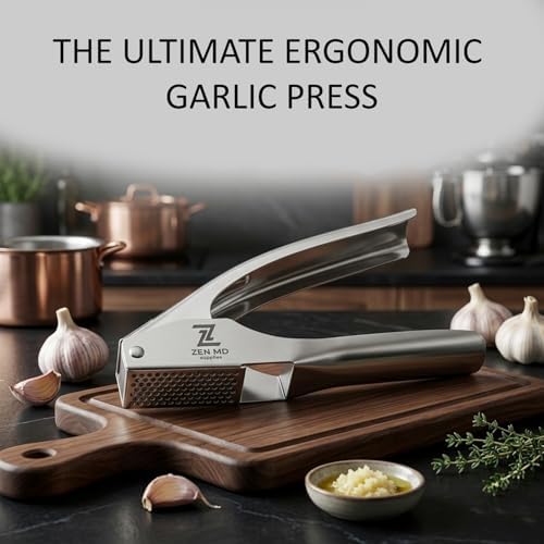 Zen MD 304 Stainless Steel Garlic Press, Heavy Duty Mincer & Crusher Tool, No Peeling Needed, Large Capacity Garlic Press and Masher, Easy Squeeze Presser, Rustproof Dishwasher Safe Kitchen Gadget