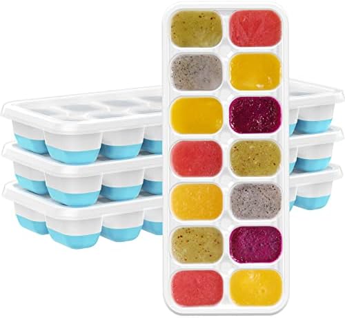 Ice Cube Trays for Freezer with Lid 4 Pack, BPA-Free Stackable Silicone Ice Cube Molds, No Spill & Easy Release, Durable & Flexible 14 Ice Cube Trays for Food Cocktail Whiskey Chocolate, Blue