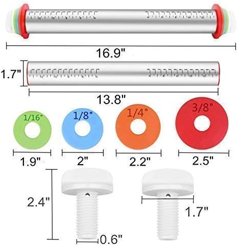 17 Inch Rolling Pin, Non Stick Stainless Steel Dough Roller with 1/16, 1/8, 1/4 and 3/8 Inch 4 Pairs Detachable Thickness Guide Rings for Baking/Dough/Pizza/Pie/Pastries/Pasta/Cookies …
