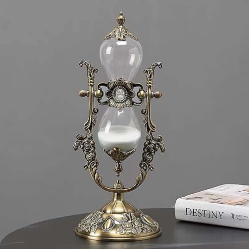 Vintage Hourglass Timer, 15 Minutes,Desk Decor,Embossed White Sand Metal Glass Hourglass Timer,Used for Home and Office Decoration,8.38inch Tall. (Brass)