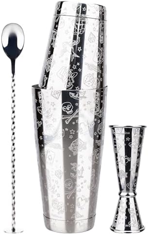 Boston Cocktail Shaker Etched Set, Jigger Spoon 17/24oz Mermaid