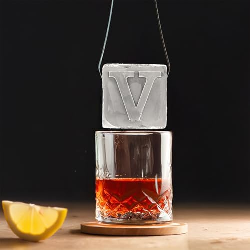 Monogrammed Ice Cubes Mold with Lid, 2 inch Whiskey Ice Cube Tray, Personalized Initials Silicone Cocktail Ice Cube Mold, Wedding Monogram, Thank You Gift, Gifts for Dad (Letter V)