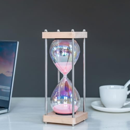 Large 60-Minute Hourglass Sand Timer,Pastel Macaron Glass & Natural Oak Wood Base, Modern Minimalist Office Home Desktop Decor (Macaron Pink)