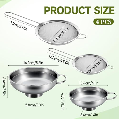 4 Pieces Stainless Steel Funnels with Fine Mesh Strainer Wide Mouth Food Grade Stainless-Steel Funnel with Stainless Steel Wire Strainersl for Spices, Juices, Powders, Coffee Beans