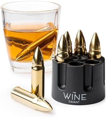 Whiskey Stones Bullets Stainless Steel with Wooden Gift Box - 1.75in Bullet Chillers Set of 6 Inside Realistic Revolver - Made with Premium Stainless Steel, Large Whiskey Chillers Rocks (Gold)
