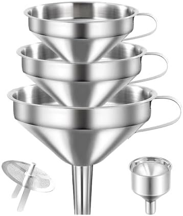 4 Pack Stainless Steel Funnels for Kitchen Use with Removable Strainer Metal Funnel Kitchen Funnel Set Transferring of Liquid, Oils, Jam, Dry Ingredients & Powder