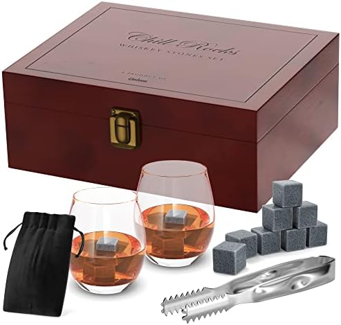 Premium Chill Rocks Whiskey Gift Set - Whisky Scotch Chilling Stones - 2 Glasses + 8 Beverage Cooling Soapstones + Stainless Steel Tongs + Velvet Storage Pouch – Luxury Wooden Gift Box - Men’s Gift