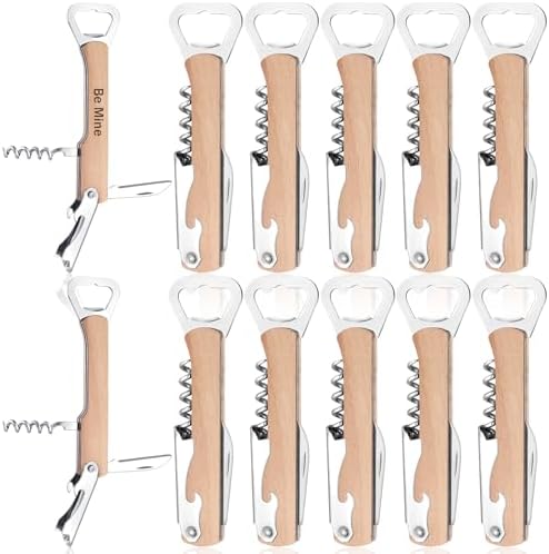 12pcs Wood Wine Bottle Opener 4 in 1 Corkscrew Engraving, Khaki
