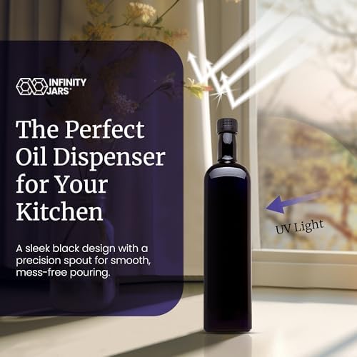 Infinity Jars Black Ultraviolet Square Glass Oil Bottle 1L (34 fl oz) w/Plastic Pour Spout, Airtight Round Easy Refill Vinegar Cruet Cooking Oil Dispenser Bottle, Olive Oil Bottle for Kitchen 10-Pack