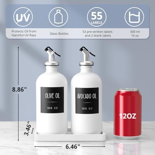 Olive Oil Dispenser Bottle for Kitchen, 16oz Glass Oil and Vinegar Dispenser Set with Wood Tray & 54 Labels - White Cooking Oil Bottles for Kitchen - Coffee Syrup Dispenser - Set of 2