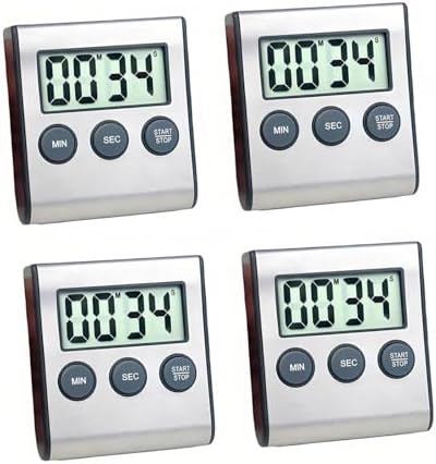 4 Pack Digital Timer with Magnetic Countdown Loud Alarm Hanging Hole Bracket Stainless Steel Battery Easy to Carry for Kitchen Cooking Baking Sports (Silver)