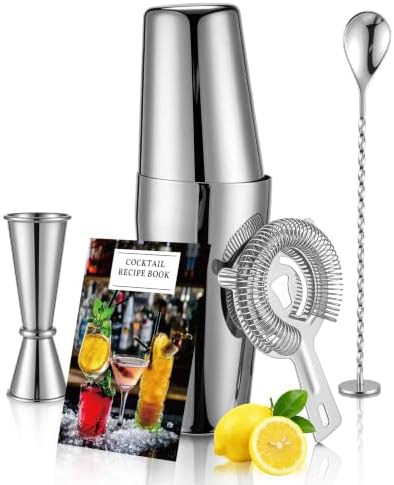 Boston Cocktail Shaker Set, 18 oz & 28 oz 2-Piece Tins, 304 Stainless Steel Bartender Kit 5-Piece Bar Tool Set with Recipe Book, Perfect for Novices & Pros, Home and Bar Use (Silver)