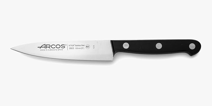 Arcos Chef Knife 5 Inch Stainless Steel. Cooking Knife to Cut and Peel Small Food. Ergonomic Polyoxymethylene Handle and 120mm Blade. Series Universal. Color Black