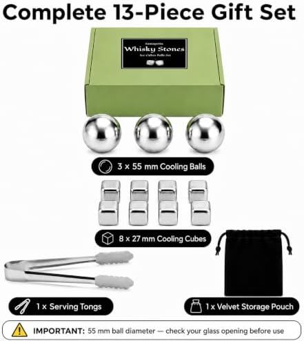 13-Piece Stainless Steel Whiskey Stones Set, 3 Cooling Balls and 8 Cooling Cubes with Tongs and Velvet Pouch