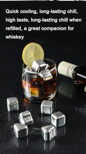 Stainless Steel Whiskey Stones Set - 6 Reusable Ice Cubes with clip & Tray, Premium Alcohol Chillers for Scotch Bourbon Cocktails, Ideal Gift for Men (stainless steel)
