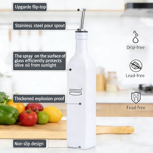 Glass Oil Dispenser for Kitchen, White Olive Oil Dispenser Bottle & Vinegar Dispenser Set, 17 oz Borosilicate Glass Cooking Oil Container, Oil Bottle with Leak-Proof Spout，