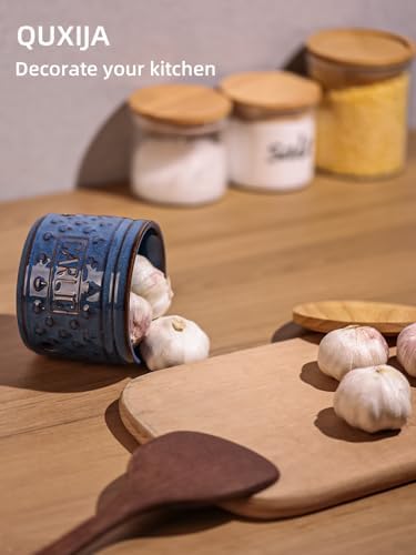 Ceramic Garlic Keeper with Lid, Garlic Holder 4.3-Inch (Vintage Blue)