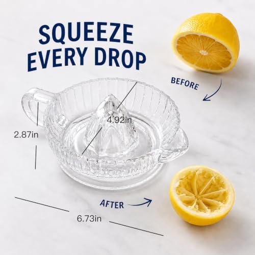 Glass Lemon Lime Squeezer, Manual Lemon Juicer Reamer, Hand Held Citrus Squeezer for Lime, Lemon, Small Orange, Glass Citrus Juicer with Handle & Pour Spout
