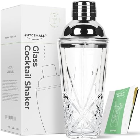 14.5 oz Glass Cocktail Shaker Set - Cut Crystal Tumbler Bartender Shaker with Stainless Sealing Steel Cap & Built - in Strainer, Martini Making Set for Home Use & Bar Use - Silver