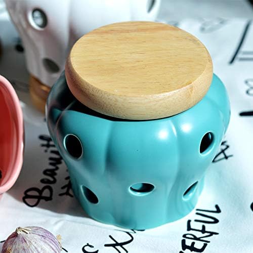 Sizikato Blue Matte Ceramic Garlic Keeper Ginger Holder with Bamboo Lid.