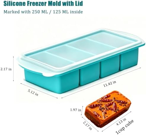 Silicone Freezer Tray with Lid 2 Pack, 1 Cup Large Ice Cube Tray, 8 Portion Soup Freezer Container, Food Freezer Storage & Meal Prep, Oven & Dishwasher Safe