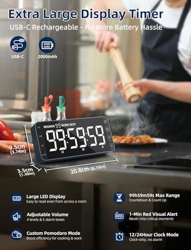 Large 7.8" Digital Timer with LED Display, Magnetic for Kitchen & Classroom