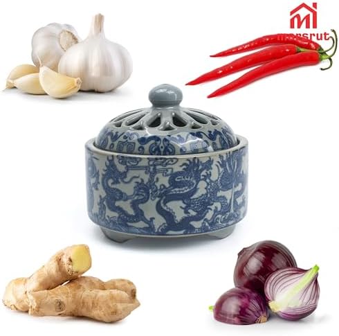 Marsrut Ceramic Garlic Keeper Crock with Lid, Porcelain Breathable Storage Bowl Jar Tank Holder, Small Container for Storing Garlic Chili for Counter Countertop Kitchen (Gray Blue)