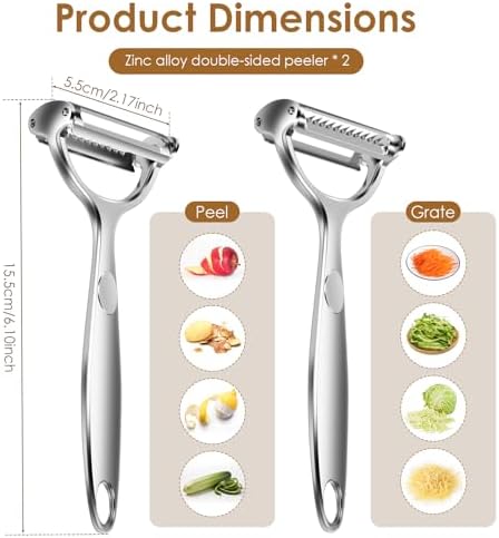 2PCS Julienne Peeler Vegetable Peeler Set, 2-in-1 Potato Peeler for Kitchen, Stainless Steel Dual Blade Y Peeler for Carrot Cucumber Citrus, Left & Right Handed