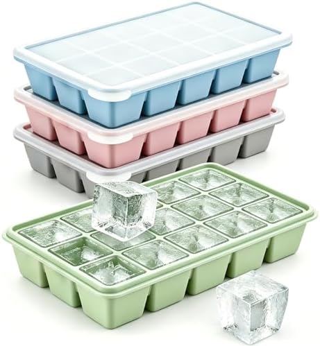 Silicone Ice Cube Tray 4 Pack with Lid, BPA Free Easy Release Stackable Ice Molds, Ice Trays for Freezer, Perfect for Whiskey, Cocktails & Baby Food