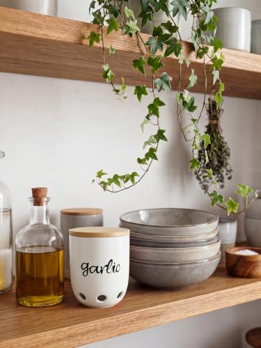 Ceramic Garlic Keeper for Counter with Wood Lid (White)