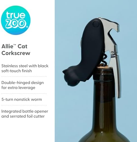 True Zoo Allie the Black Cat Corkscrew Wine Opener with Built-in Bottle Opener & Sharp Foil Cutter, Stainless Steel and Plastic, Home Bar, Kitchen, Travel, Novelty Gifts, Set of 1