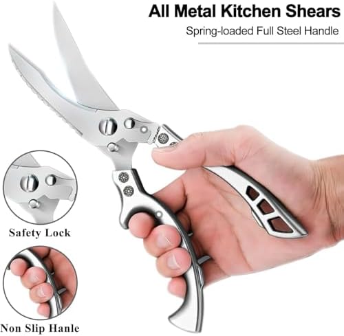 Heavy Duty Stainless Steel Kitchen Shears – Poultry Scissors; suitable for bone, meat, chicken, fish, turkey, and vegetables; spring-loaded, multi-functional, ultra-sharp, and practical