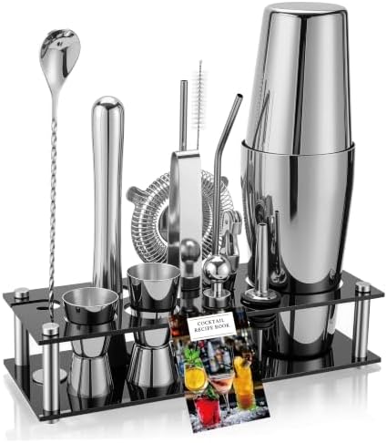 Boston Cocktail Shaker Set, 18 oz & 28 oz 2-Piece Tins, 304 Bartender Kit 15-Piece Bar Tool Set with Acrylic Stand & Recipe Book, for Novices & Pros, Home and Bar Use (Silver)