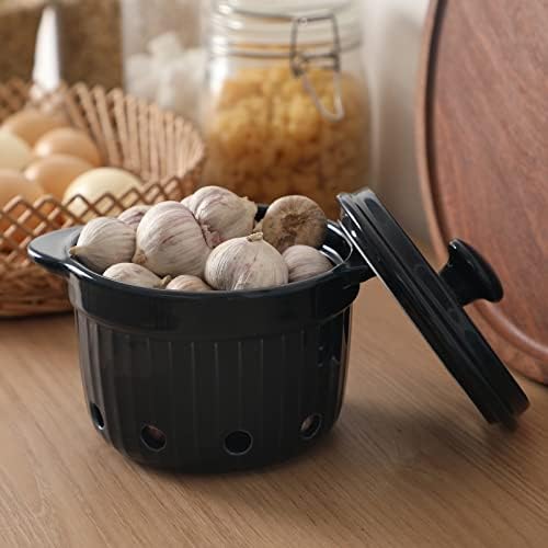 Ceramic Garlic Keeper with Lid, (Navy)