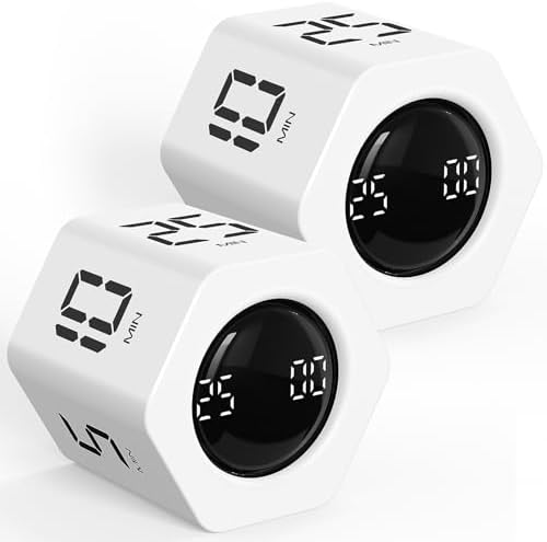 Rotating Productivity Timer 5, 25, 10 30,60 Mins Preset Stopwatch, Desk Flip ProductivityTimer, ADHD Tool Hexagon, Vibration/Mute/Alarm, for Work, Study, Back to School, Kitchen, 2 Pack White
