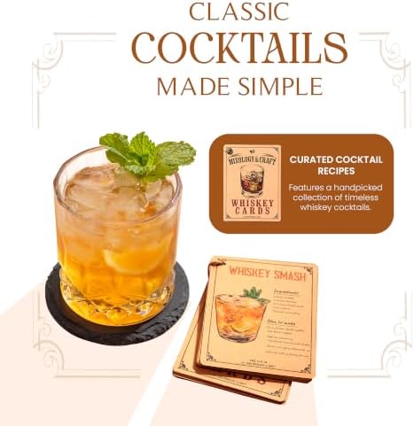 Mixology & Craft Whiskey Gift Set - Includes 2 Lead-Free Crystal Glasses, 8 Granite Chilling Stones, 2 Slate Coasters, Metal Tongs & Recipe Cards with a Wooden Army Crate Box